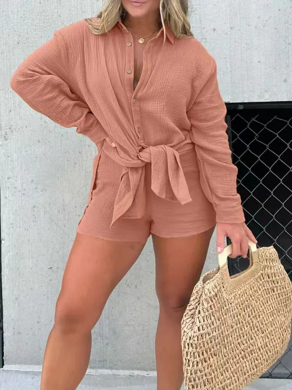 Double-Layer Crepe Long Shirt and Shorts Set